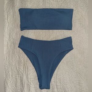 Blue Ribbed Strapless Bikini